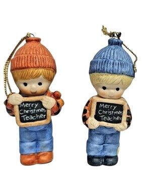 Vintage Enesco Boy & Girl figurines "Merry Christmas Teacher "